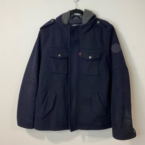 Levi’s Men’s Wool Blend Hooded Military Pea Coat Jacket Full Zip Large Navy - Picture 1 of 10